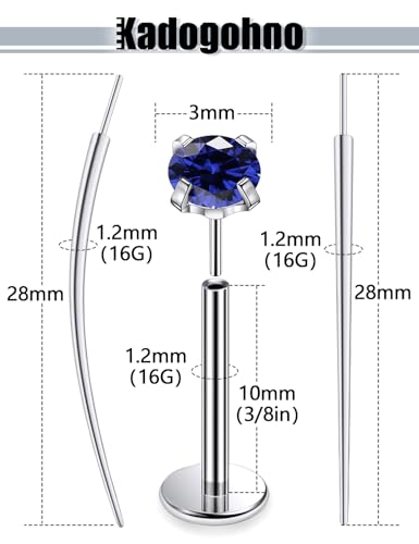F136 Titanium 20/18/16g Internally Threaded Medusa Monroe Lip Ashley Labret Nose Rings Flat Back Tragus Helix Cartilage Conch Screw Stud Earrings Surgical Steel Piercing Jewelry for Women - color: Blue CZ, size: 16g*3/8in