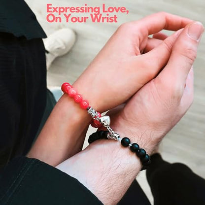 Set Of 2 Couples Bracelet Magnetic Healing Natural Bead Stone Stretch Bracelet Unisex Anniversary, Friendship, Valentine, Christmas Gift - color: Black+Pink, style: With Luxury Giftbox
