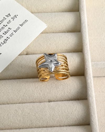 Two Tone Star Mixed Metal Hammered Band Statement Chunky Silver and Gold Adjustable Rings for Women