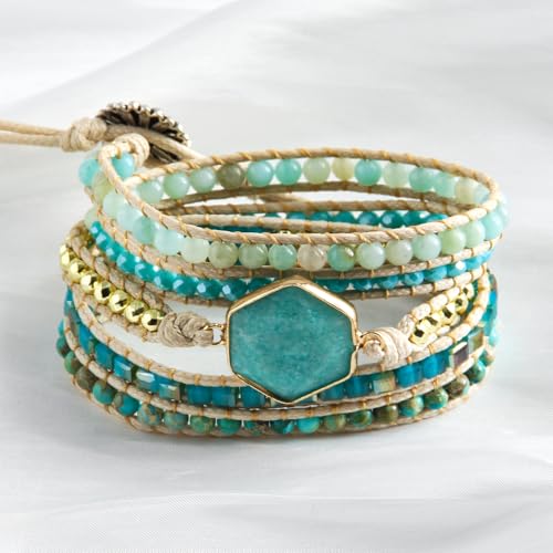 Handmade Boho Wrap Bracelets Natural Turquoise Crystal Stone Variety Beaded Strand Bracelet - color: Amazonite