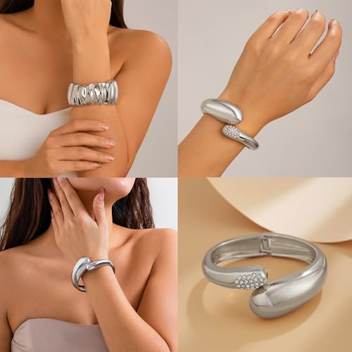 CJIAYUJEW 3Pcs Big Chunky Gold Bangle for Women Silver Cuff Wide Bracelet Trendy Teardrop Wire Irregular Minimalist Jewelry - style: A-Silver