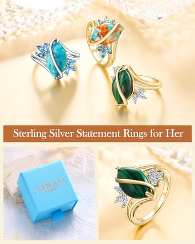 AIBAO Marquise Turquoise/Malachite Engagement Wedding Rings for Women | Sterling Silver Turquoise/ Malachite Statement Rings for Women Size 6 to 10 Western Jewelry - style: Malachite