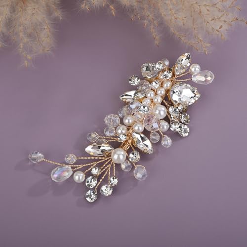 Teyglen Bridal Rhinestone Hair Clip Gold Pearl Crystal Hair Barrette Sparkly Hair Piece Wedding Hair Clips Hair Accessories Jewelry for Women (Gold) - color: Gold