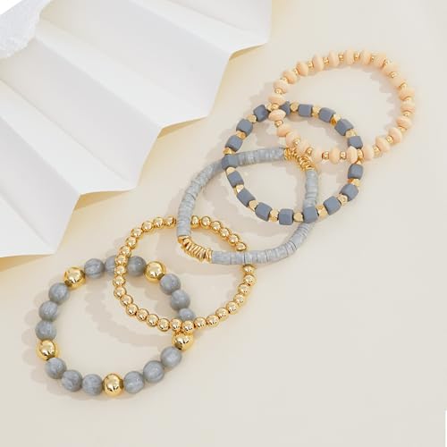 Boho Beaded Stretch Bracelets For Women Stackable Crystal Gold Plated Beaded Bracelets Set Trendy Handmade Friendship Braeclet Jewelry Gifts - color: F-Wooden bead set