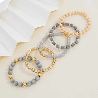 Boho Beaded Stretch Bracelets For Women Stackable Crystal Gold Plated Beaded Bracelets Set Trendy Handmade Friendship Braeclet Jewelry Gifts - color: F-Wooden bead set