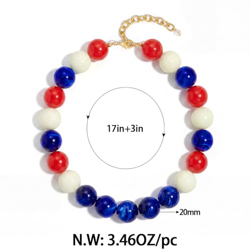 Chunky Beaded Choker Necklace for Women Boho Statement Necklace with Large Pearl Blue Brown Tone Resin Beads Summer Beach Jewelry Gifts - color: Red White Navy