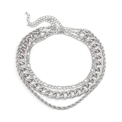 Aimimier 3Pcs Punk Cuban Link Chain Choker Necklace Twist Rope Necklace Chunky Figaro Chain Prom Party Festival Accessory for Women - color: Silver