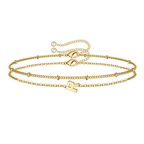 M MOOHAM Valentines Day Gifts for Her Women - Layered Initial Bracelets Gift Letter A-Z Charm, Dainty 14K Gold Plated Initial Bracelets for Women Teen Girls Birthday Jewelry Gifts - color: R