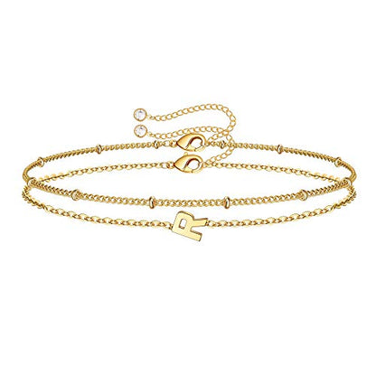 M MOOHAM Valentines Day Gifts for Her Women - Layered Initial Bracelets Gift Letter A-Z Charm, Dainty 14K Gold Plated Initial Bracelets for Women Teen Girls Birthday Jewelry Gifts - color: R