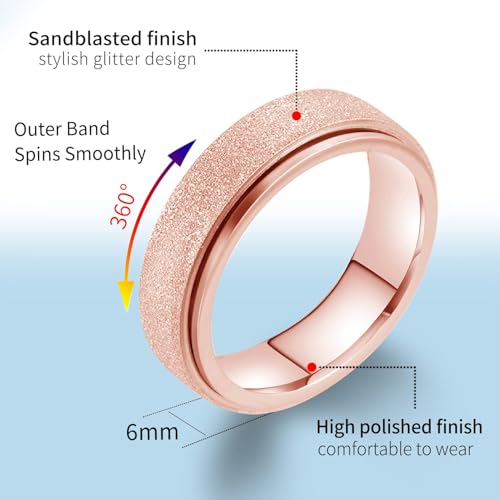 LAOYOU Spinner Anxiety Relief Fidget Ring for Women | 6MM Titanium Stainless Steel Glitter Stress Relieve Calming Rings Non Tarnish Hypoallergenic - color: 1pc Rose Gold Color
