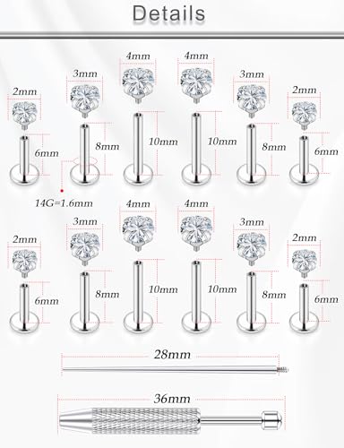 18G 16G 14G Lip Labret Medusa Nose Rings Studs Flat Back Earrings Internally Threaded 316L Surgical Steel Cartilage Tragus Helix Conch Earrings Piercing Jewelry for Women Men 6mm 8mm 10mm - color: 14G - Silver-6/8/10mm Bars-Grabber Tool