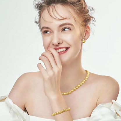 Pearl Necklaces for Women,8mm Pearl Necklace and Earring Bracelet Jewelry Set for Women Men Wedding Birthday Valentine Christmas Day Gifts - color: Yellow