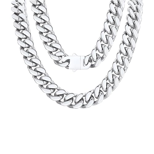 FindChic Cuban Link Chain Necklace for Women Men, Silver/Gold Plated Stainless Steel Solid Miami Curb Chain Hip Hop Punk Statement Jewelry, 5/12/14mm Width, 16/18/20 Inch Length, with Gift Box - color: 05. 14mm-Silver, size: 16inches