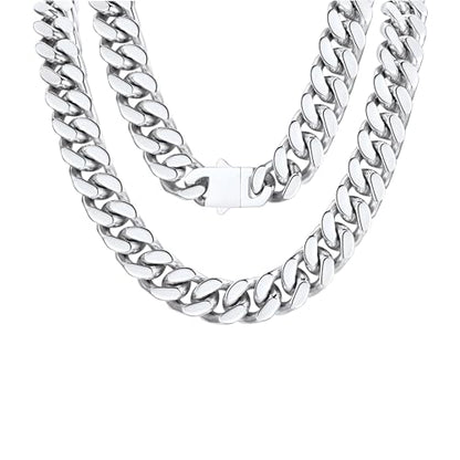 FindChic Cuban Link Chain Necklace for Women Men, Silver/Gold Plated Stainless Steel Solid Miami Curb Chain Hip Hop Punk Statement Jewelry, 5/12/14mm Width, 16/18/20 Inch Length, with Gift Box - color: 05. 14mm-Silver, size: 16inches