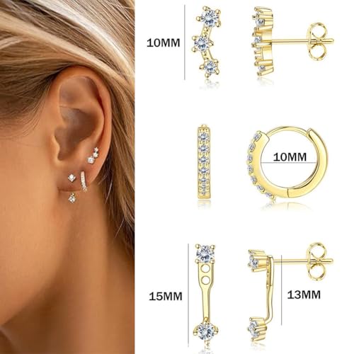 BG&WLing 3 Pairs Earring Set with Huggie Hoops Jacket Crawler Stud | Hypoallergenic, Cubic Zirconia, Huggie Hoops, Ear Climber Design, Earrings Jacket, Multi-Pierce Stack, Women's Jewelry - color: Gold