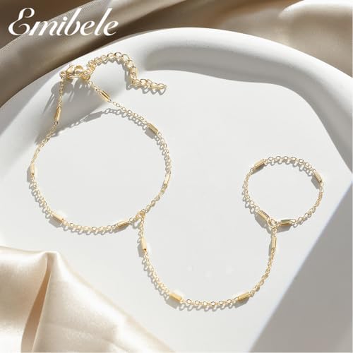 Emibele Gold Bracelets for Women, 18K Gold Plated Hand Chain, Cubic Zirconia Stainless Steel Non Tarnish Hand Chain Bracelet with Finger Ring, Adjustable Trendy Jewelry Valentines Day Gifts for Women - style: Sparkling Chain