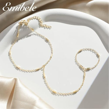 Emibele Gold Bracelets for Women, 18K Gold Plated Hand Chain, Cubic Zirconia Stainless Steel Non Tarnish Hand Chain Bracelet with Finger Ring, Adjustable Trendy Jewelry Valentines Day Gifts for Women - style: Sparkling Chain