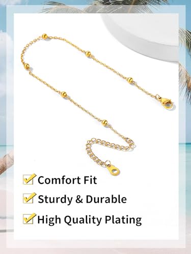 ChainsHouse Ankle Bracelets for Women, Stainless Steel Beaded Chain Ankle Bracelet, Womens Heart Anklets for Summer Beach Jewelry Gifts - color: J: bead-3.5mm-gold plated