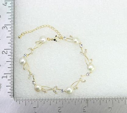 Faship Genuine Freshwater Pearls Floral Necklace Earrings Set | Premium CZ Crystal, Gorgeous, Sparkling - color: Clear/Gold-plated / Matching Bracelet