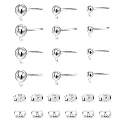 925 Sterling Silver Earrings Making Posts Ball Studs with Loop Ear Backs | Hypoallergenic 3/4/5mm Ball/Flat Stud Post Replace Butterfly Ear Backs for Dangle Charm Pendant Earring Jewelry Making Set - color: Ball_Silver