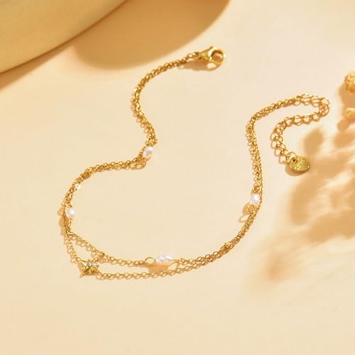 NONAMOIS Ankle Bracelets for Women Dainty 18K Gold Plated Anklet Waterproof Round Beaded Paperclip Herringbone Pearl Chain Anklets Waterproof Beach Foot Jewelry - color: 2Layered Pearl Star-Gold