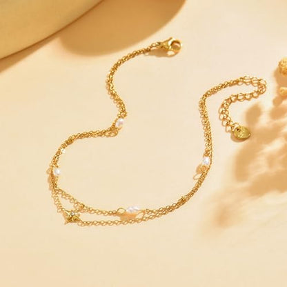 NONAMOIS Ankle Bracelets for Women Dainty 18K Gold Plated Anklet Waterproof Round Beaded Paperclip Herringbone Pearl Chain Anklets Waterproof Beach Foot Jewelry - color: 2Layered Pearl Star-Gold