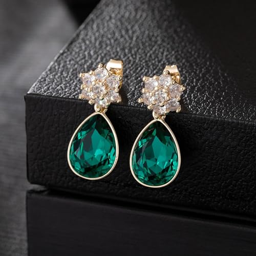 Elegant Austrian Crystal Teardrop Dangle Earrings for Women,14K Gold Plated Flower Drop Earrings Jewelry Gift for Birthday Wedding Anniversary - color: Emerald