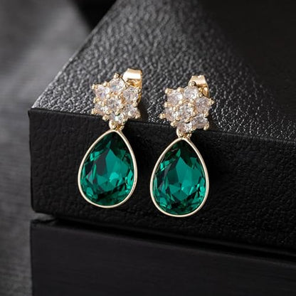Elegant Austrian Crystal Teardrop Dangle Earrings for Women,14K Gold Plated Flower Drop Earrings Jewelry Gift for Birthday Wedding Anniversary - color: Emerald