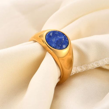 MYNENEY Stainless Steel Round Shape Classical Simple Plain Wedding Engagement Statement Pinky Band Signet Rings for Men Women Size 4-15 - color: Lapis lazuli-Gold