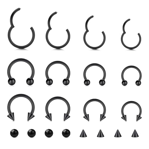 16G Hinged Clicker Segment Septum Rings Stainless Steel Nose Horseshoe Hoop Eyebrow Lip Cartilage Helix Tragus Earrings Piercing Jewelry 6/8/10/12mm Replacement Balls 3mm - color: Black
