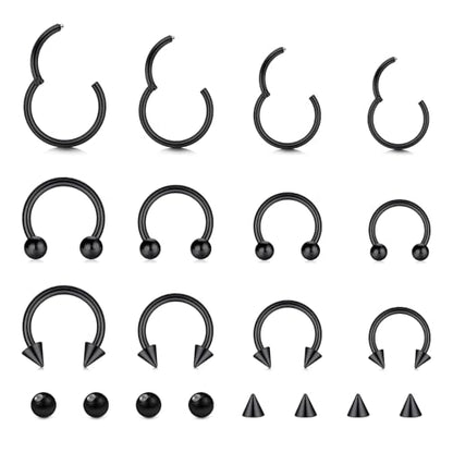 16G Hinged Clicker Segment Septum Rings Stainless Steel Nose Horseshoe Hoop Eyebrow Lip Cartilage Helix Tragus Earrings Piercing Jewelry 6/8/10/12mm Replacement Balls 3mm - color: Black