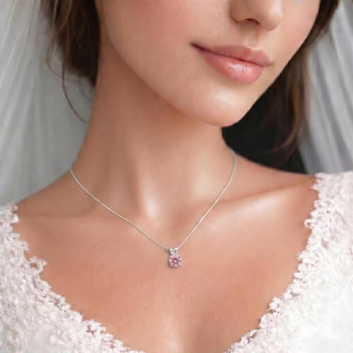 Mariell Cubic Zirconia Crystal Pendant Necklace for Women, 2 Carat 8mm CZ, for Brides, Wedding, Mother's Day Jewelry Gift - color: Silver-Pink Cubic Zirconia