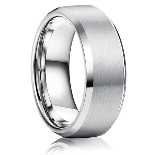 Jstyle 8MM Wedding Band for Men Stainless Steel Ring Band Size 6-14 | Matte Surface Beveled Polished Edge, Silver/Black/Gold Wedding Engagement Promise Ring Jewelry Gift Comfort Fit for Him - color: Silver Plated