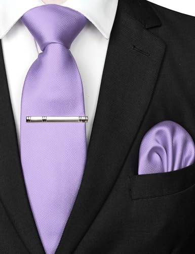JEMYGINS Solid Color Formal Necktie and Pocket Square Tie Clip Sets for Men - color: Lavender2