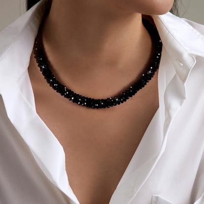 Hand Knotted Beads Statement Necklace Bracelet Jewelry Set Artificial Crystal Choker for Women- Handmade Beaded Strand Sparkly Faceted Crystal Rondelle-17inches, 30 Colors - color: Black