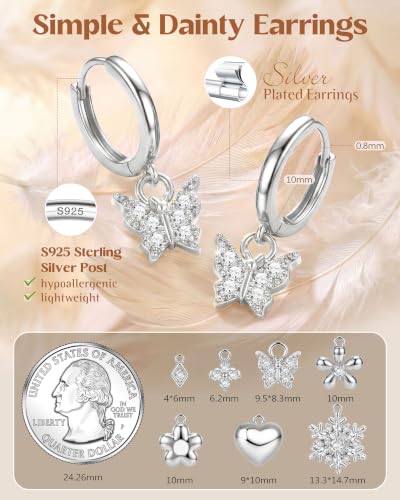 FIBO STEEL 14K Gold Plated Hoop Earrings with Charms for Women Huggie Hoops | Hypoallergenic 925 Sterling Silver Post Dangle Earrings Small Silver Gold Hoops Earring Cubic Zirconia Dangle Drop Jewelry - color: Butterfly - Silver Plated