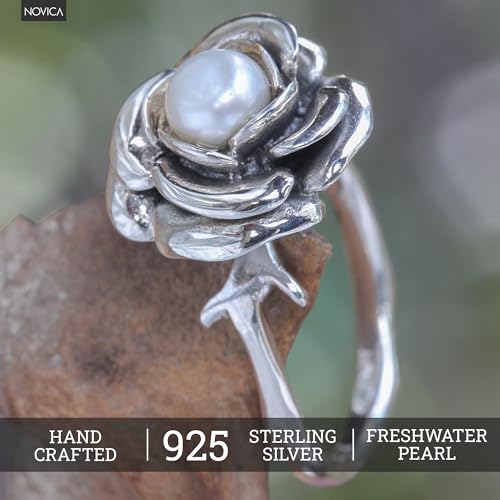 NOVICA Artisan Handmade Pearl Flower Ring Crafted Sterling Silver White Single Stone Indonesia Floral Birthstone Peace [crownbezel 0.4 in H x 0.6 in Diam. Band Width 2 mm W] ' White Rose'