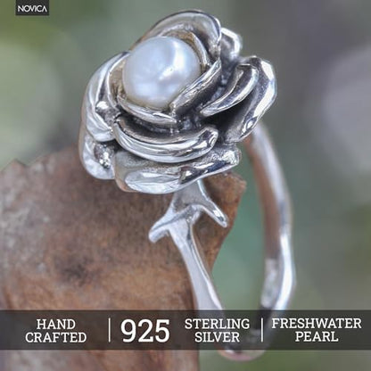 NOVICA Artisan Handmade Pearl Flower Ring Crafted Sterling Silver White Single Stone Indonesia Floral Birthstone Peace [crownbezel 0.4 in H x 0.6 in Diam. Band Width 2 mm W] ' White Rose'
