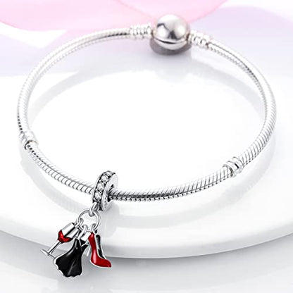 925 Sterling Silver Charm for Bracelet Necklace Women Dangle Pendant Beads | Love Faith Mom Ocean travel Butterfly Party Charm Beads Pendants DIY Jewelry Gift - color: Dress high heels wine glass pendant