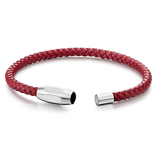 COOLSTEELANDBEYOND Minimalist Mens Women Leather Bracelet, Thin Braided Leather Bangle, Steel Oval Magnetic Clasp - color: A-Color: Red
