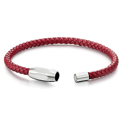 COOLSTEELANDBEYOND Minimalist Mens Women Leather Bracelet, Thin Braided Leather Bangle, Steel Oval Magnetic Clasp - color: A-Color: Red