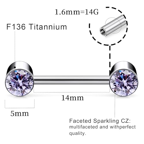 14G ASTM F136 Titanium Nipple Piercing Jewelry Round CZ Nipple Barbell Jewelry Internally Threaded G23 Solid Titanium Nipple Piercing Barbell Ring Jewelry for Women Men 14 Gauge - style: Purple CZ