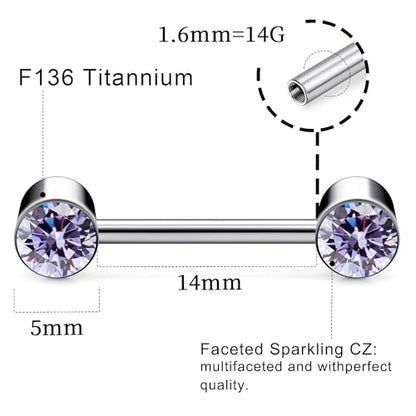 14G ASTM F136 Titanium Nipple Piercing Jewelry Round CZ Nipple Barbell Jewelry Internally Threaded G23 Solid Titanium Nipple Piercing Barbell Ring Jewelry for Women Men 14 Gauge - style: Purple CZ