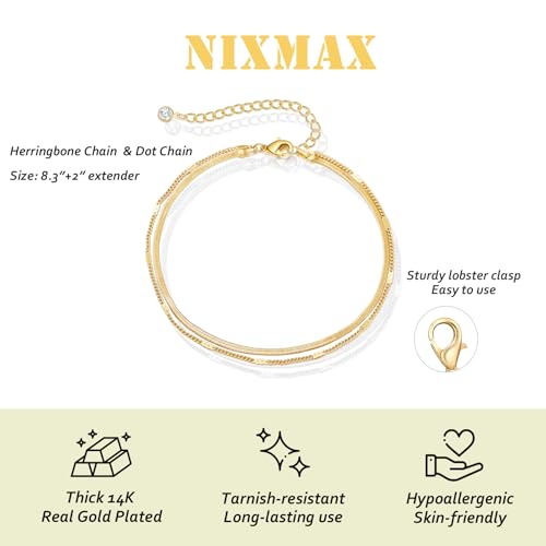 NIXMAX Gold Anklets for Women, Waterproof Chain Trendy Ankle Bracelets | Non Tarnish, Adjustable Fit, 14K Gold Plated, Dainty Layered Looks, Summer Beach Vacation Body Jewelry, Gifts for Women - color: Gold-herringbone/strip chain-1 piece
