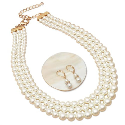 S SUSANN Costume Layered Twisted Gold Pearl Necklace Choker Chunky Glass Statement Pearl Necklace and Earring set, good gift for women Faux pearl necklace set - style: Big pearl collar necklace