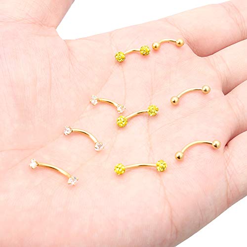 Eyebrow Barbell 16G Surgical Steel Rings with Clear Diamond CZ Curved Barballs Body Piercing Jewelry for Women Men 6mm 8mm 10mm 9 Pieces - color: B: 9Pcs-16G-Goldtone
