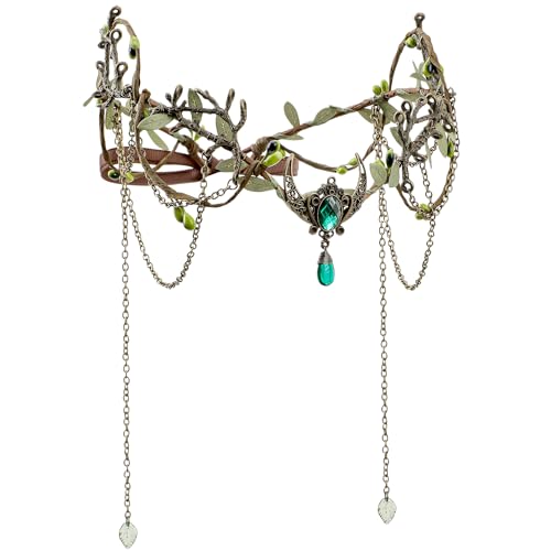 MOSTORY Woodland Elf Crown for Women - Medieval Elf Headpiece with Tassel for Renaissance Renfaire Fae Cosplay Viking Outfit - color: Bronze-green