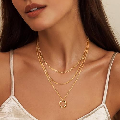 Gold Layered Necklaces for Women Stack Boho Stacking Layering 14K Gold Plated Chain Necklaces Set Cuban Link Herringbone Twist Chain Square Coin Pendant Necklace Jewelry Gifts Trendy Stuff - color: B Gold Layered Circle Neckalce