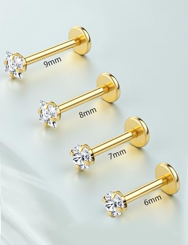 JeryWe 18G 16G Flat Back Earrings Studs for Women - Hypoallergenic Surgical Steel Internal Thread CZ Stud Earrings Stacks 14K Gold Plated Tragus Labret Helix Cartilage Conch Nose Stud Piercing Jewelry - color: 14K Gold Plated, size: 16G(1.2mm)