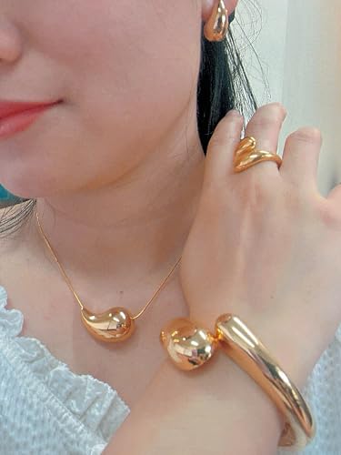 Gold-Plated Teardrop Jewelry Set, Necklace, Earrings, Ring, Bangle Bracelet, Chunky Twisted Hinged Waterdrop Set for Women, Gold-Plated Baroque Style Jewelry Set